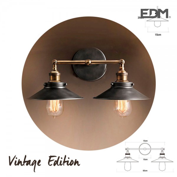 Aplique de pared doble vintage metalico e27 60 w 63 x 29 cm